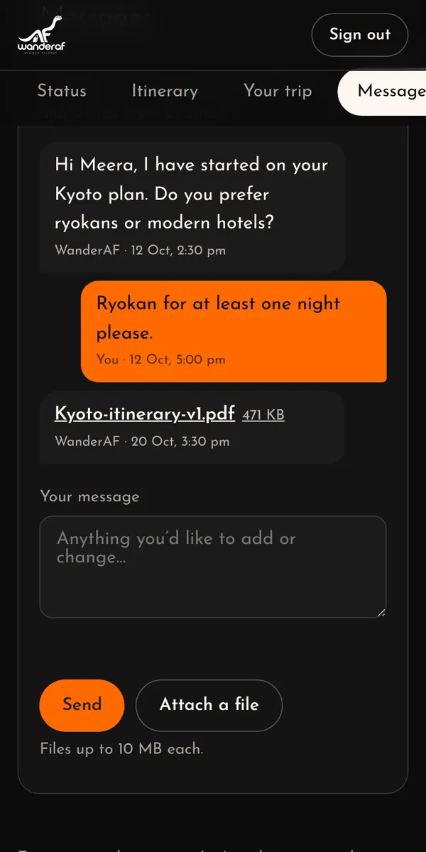 A message thread with the planner and a shared itinerary file