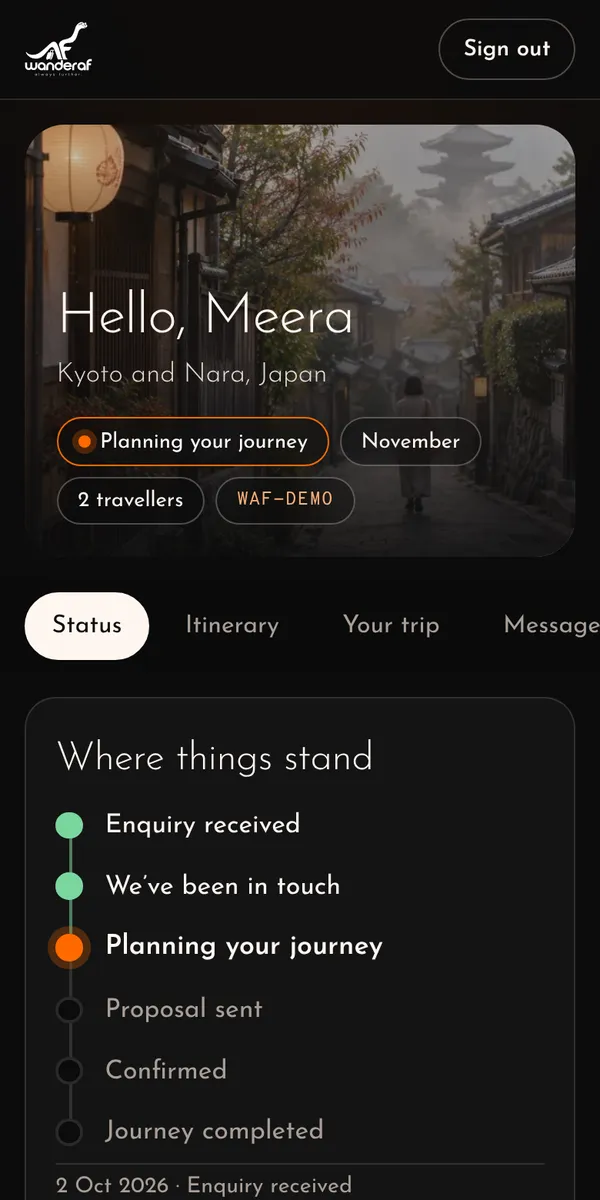 The journey page showing a timeline from enquiry received to journey completed