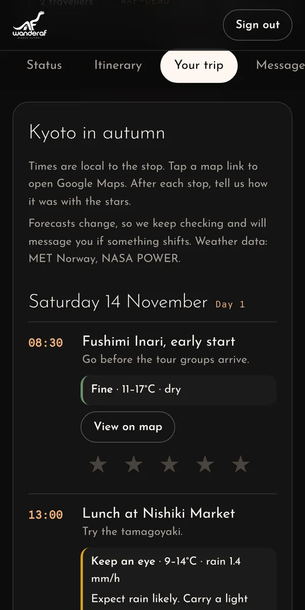 The trip tab listing stops with times, maps and a weather note